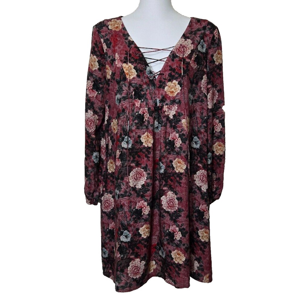 Peruvian Connection Dress Womens Medium Red Floral Lace Up Pockets Tunic - Picture 2 of 10